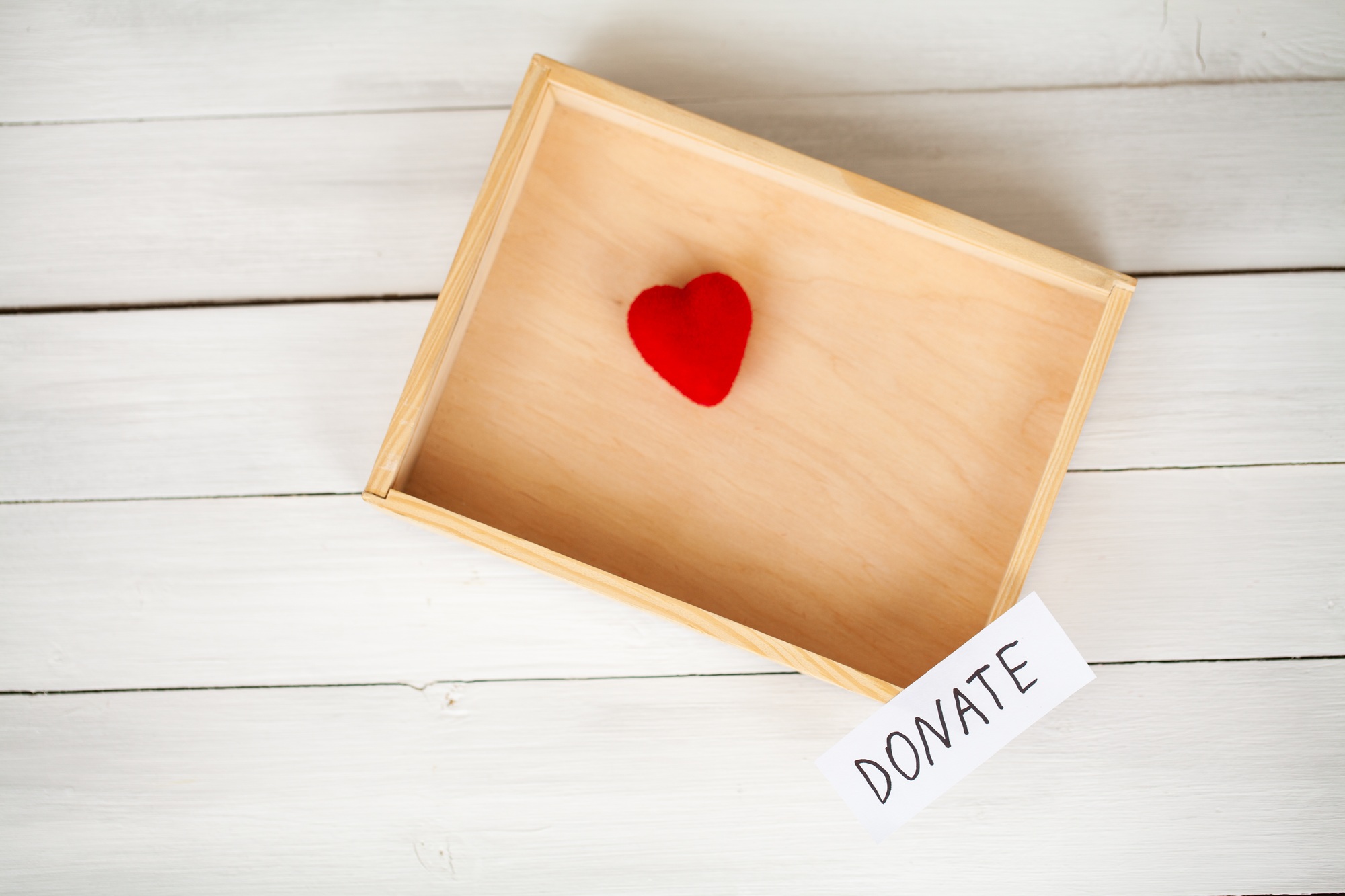 Donations and Charity. Donation Concept. Box of Donations and Heart on the White Background